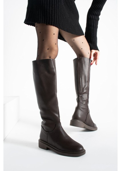 Kety Kahverengi Cilt Lastik Detaylı Kadın Çizme