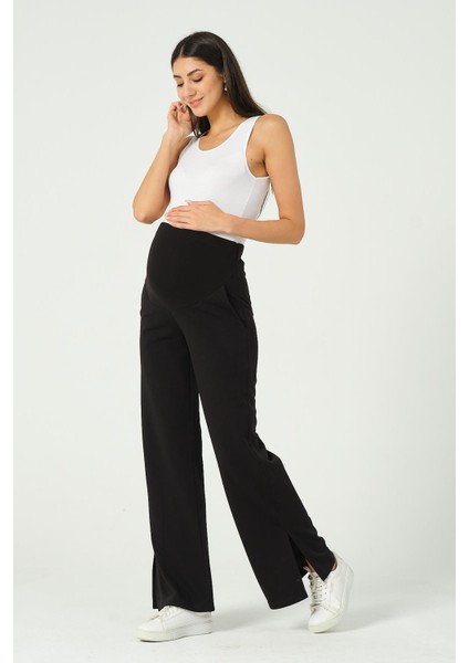 Hamile Esnek Karın Bantlı Yandan Yırtmaçlı Beli Ayarlanabilir Alt Eşofman Siyah