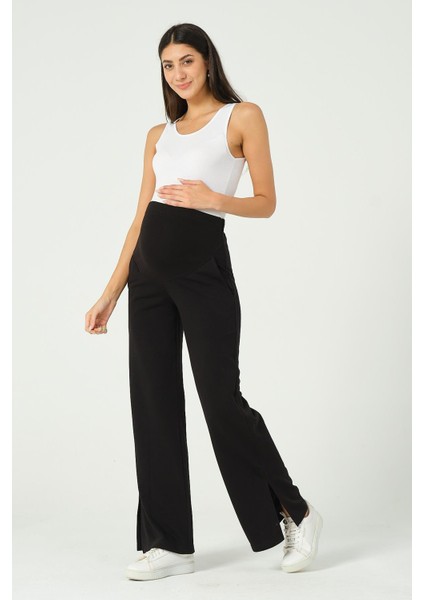 Hamile Esnek Karın Bantlı Yandan Yırtmaçlı Beli Ayarlanabilir Alt Eşofman Siyah modelleri