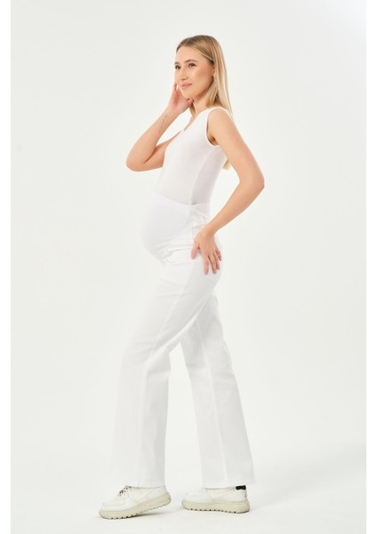 Hamile Esnek Karın Bantlı Beli Ayarlanabilir Bol Paça Kot Pantolon Beyaz modelleri