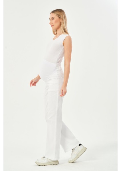 Hamile Esnek Karın Bantlı Beli Ayarlanabilir Bol Paça Kot Pantolon Beyaz fırsatları