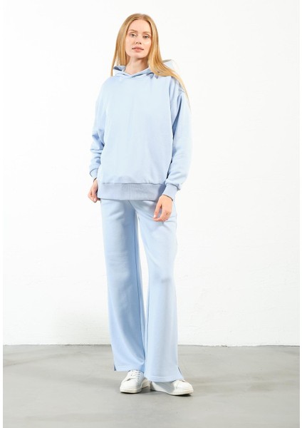 Hamile Esnek Karın Bantlı Beli Ayarlanabilir Bol Paça Kapüşonlu 3 Iplik Eşofman Takımı Açık Mavi