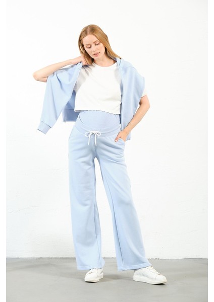 Hamile Esnek Karın Bantlı Beli Ayarlanabilir Bol Paça Kapüşonlu 3 Iplik Eşofman Takımı Açık Mavi fiyatları