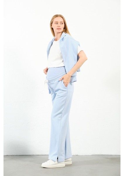 Hamile Esnek Karın Bantlı Beli Ayarlanabilir Bol Paça Kapüşonlu 3 Iplik Eşofman Takımı Açık Mavi modelleri