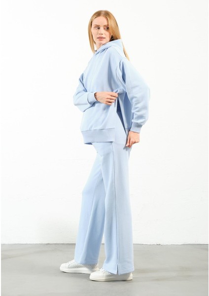 Hamile Esnek Karın Bantlı Beli Ayarlanabilir Bol Paça Kapüşonlu 3 Iplik Eşofman Takımı Açık Mavi indirimleri