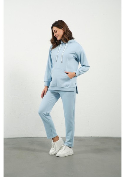 Hamile Esnek Karın Bantlı Beli Ayarlanabilir Kapüşonlu Emzirme Detaylı Eşofman Takımı Açık Mavi fiyatları