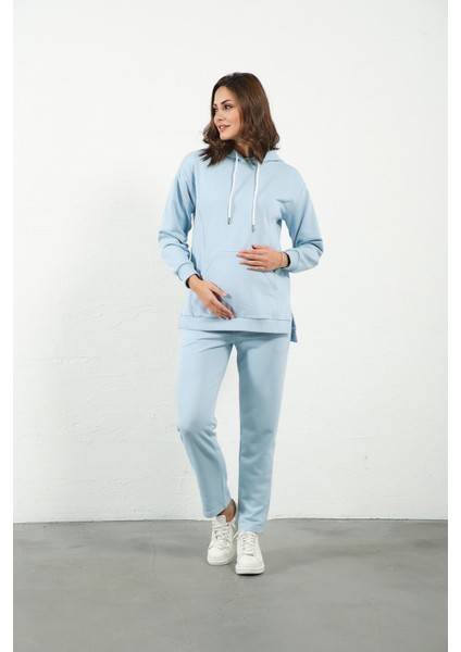 Hamile Esnek Karın Bantlı Beli Ayarlanabilir Kapüşonlu Emzirme Detaylı Eşofman Takımı Açık Mavi modelleri