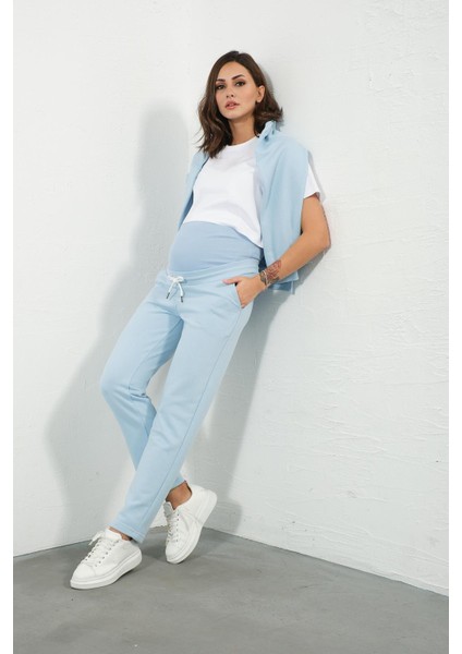 Hamile Esnek Karın Bantlı Beli Ayarlanabilir Kapüşonlu Emzirme Detaylı Eşofman Takımı Açık Mavi indirimleri