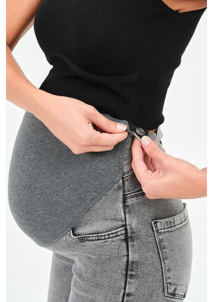 Hamile Karnı Saran Esnek Bantlı Arka Kemerli Bol Paça Kot Pantolon Antrasit fırsatları
