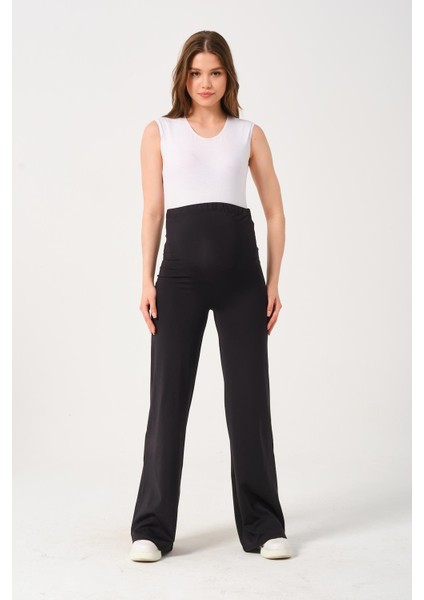 Hamile Esnek Karın Bantlı Bol Paça Spor Pantolon Siyah