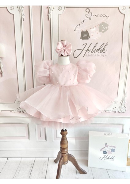 Kız Bebek Çocuk Organize Balon Kol Pembe Incili Kabarık Doğum Günü Elbisesi