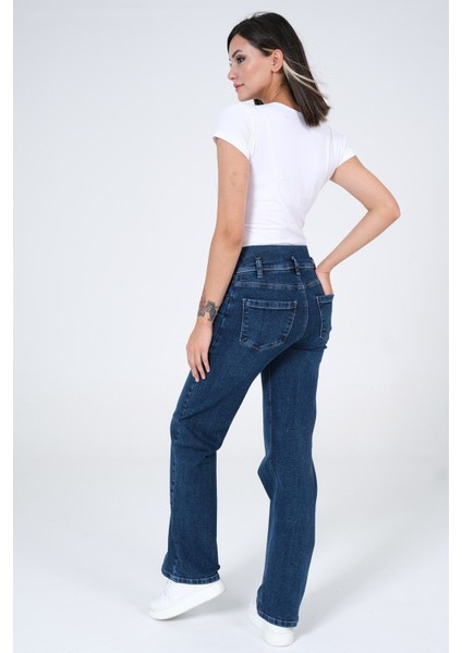 Hamile Karnı Saran Esnek Bantlı Arka Kemerli Bol Paça Kot Pantolon Mavi indirimleri