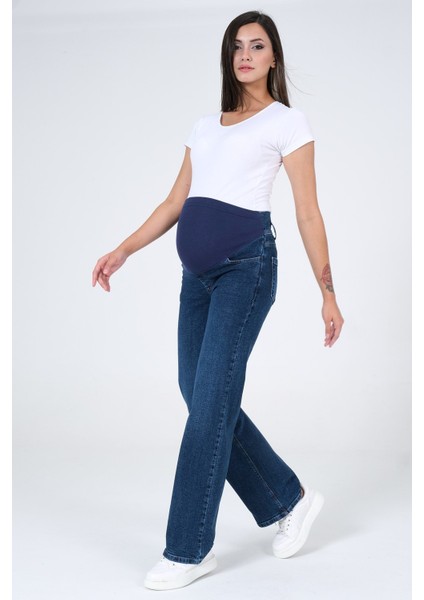 Hamile Karnı Saran Esnek Bantlı Arka Kemerli Bol Paça Kot Pantolon Mavi fiyatları