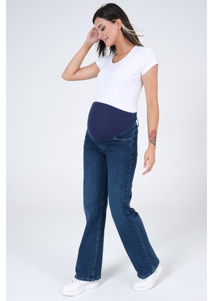 Hamile Karnı Saran Esnek Bantlı Arka Kemerli Bol Paça Kot Pantolon Mavi modelleri