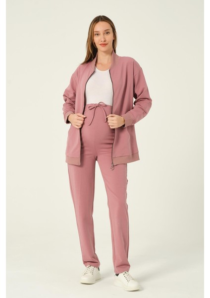 Hamile Fermuarlı Kapüşonlu Yüksek Bel Beli Ayarlanabilir 2 Iplik Eşofman Takımı Gül Kurusu fiyatları