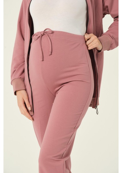 Hamile Fermuarlı Kapüşonlu Yüksek Bel Beli Ayarlanabilir 2 Iplik Eşofman Takımı Gül Kurusu indirimleri