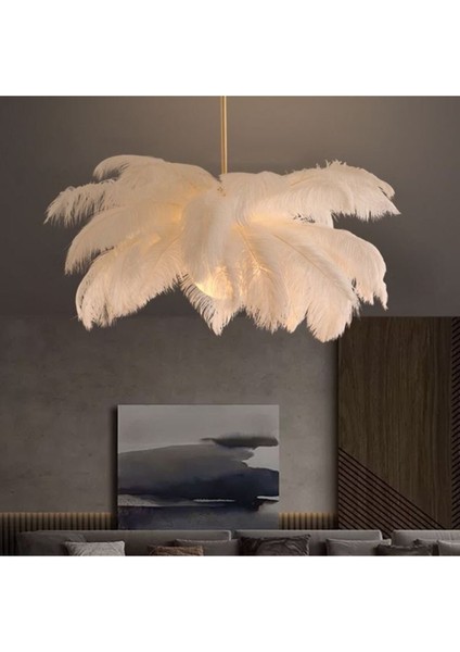 Glop Camlı Deve Kuşu Tüyü Gold Beyaz Modern Tasarım Avize