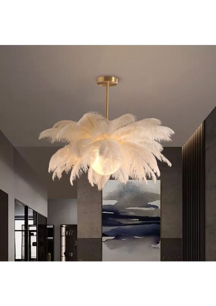 Glop Camlı Deve Kuşu Tüyü Gold Beyaz Modern Tasarım Avize fiyatları