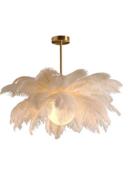 Glop Camlı Deve Kuşu Tüyü Gold Beyaz Modern Tasarım Avize modelleri