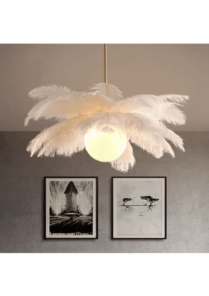 Glop Camlı Deve Kuşu Tüyü Gold Beyaz Modern Tasarım Avize fırsatları