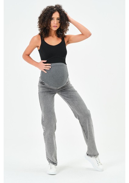 Hamile Karnı Saran Esnek Bantlı Arka Kemerli Bol Paça Kot Pantolon Antrasit fiyatları