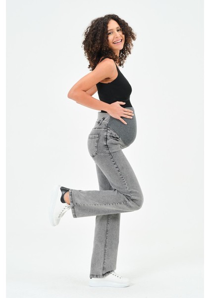 Hamile Karnı Saran Esnek Bantlı Arka Kemerli Bol Paça Kot Pantolon Antrasit modelleri