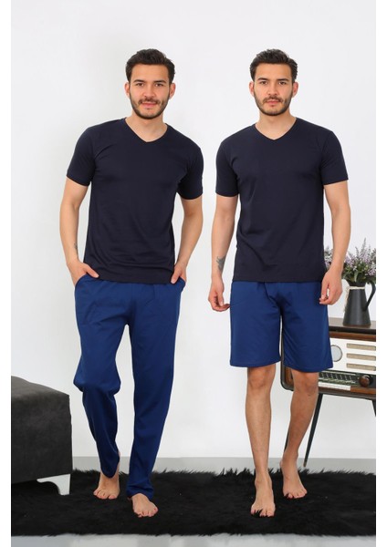 Erkek Penye 3'lü Lacivert V Yaka Pijama Takımı 6822
