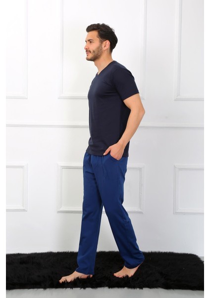 Erkek Penye 3'lü Lacivert V Yaka Pijama Takımı 6822