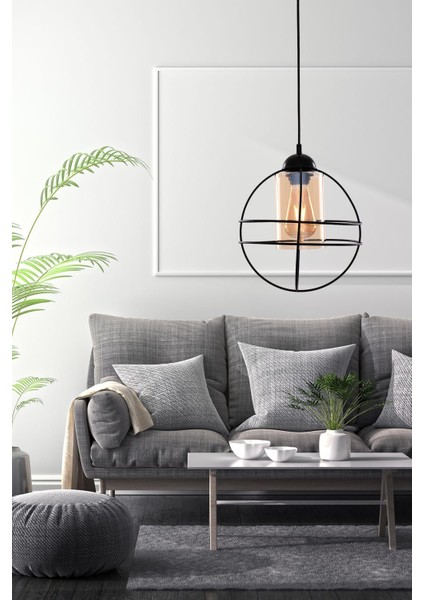 Zumba Tekli Siyah Çift Halka Camlı Avize