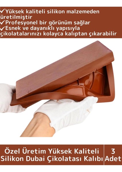 Özel Üretim Kaliteli Yüksek Isıya Dayanıklı Esnek Silikon Dubai Çikolatası Kalıbı 3 Adet