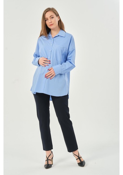Hamile Önden Cepli Çizgili Klasik Gömlek Mavi