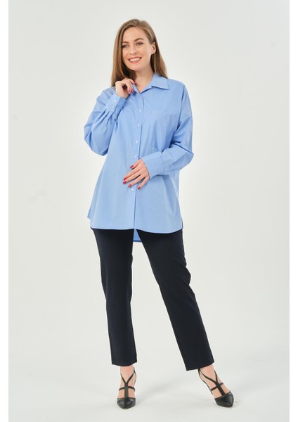 Hamile Önden Cepli Çizgili Klasik Gömlek Mavi modelleri
