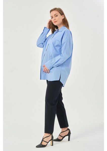 Hamile Önden Cepli Çizgili Klasik Gömlek Mavi fırsatları