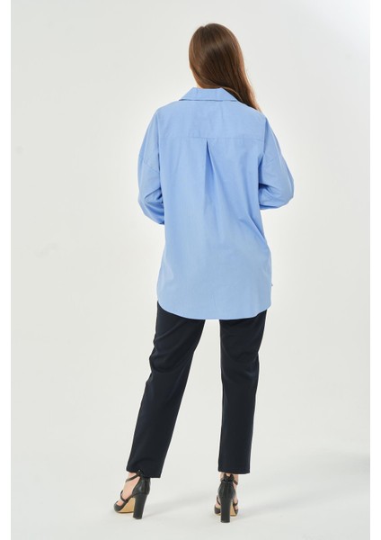 Hamile Önden Cepli Çizgili Klasik Gömlek Mavi indirimleri