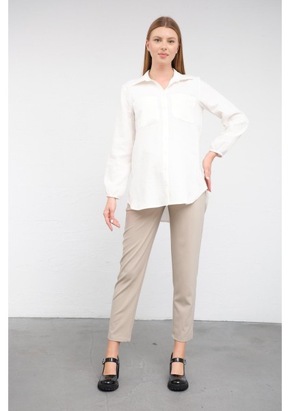Hamile Kolu Lastikli Önden Çepli Keten Gömlek Beyaz