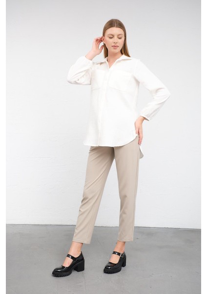 Hamile Kolu Lastikli Önden Çepli Keten Gömlek Beyaz fiyatları