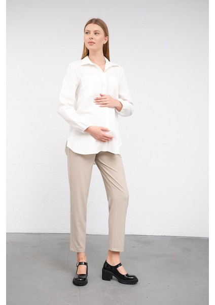 Hamile Kolu Lastikli Önden Çepli Keten Gömlek Beyaz modelleri