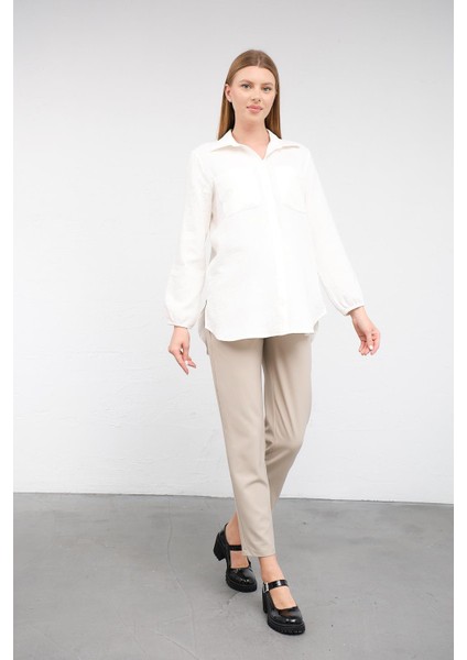 Hamile Kolu Lastikli Önden Çepli Keten Gömlek Beyaz fırsatları