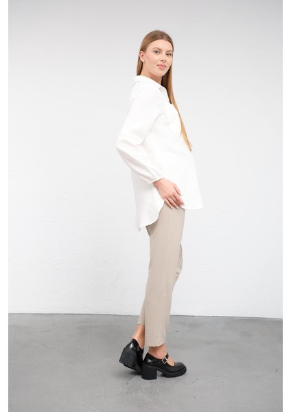 Hamile Kolu Lastikli Önden Çepli Keten Gömlek Beyaz indirimleri