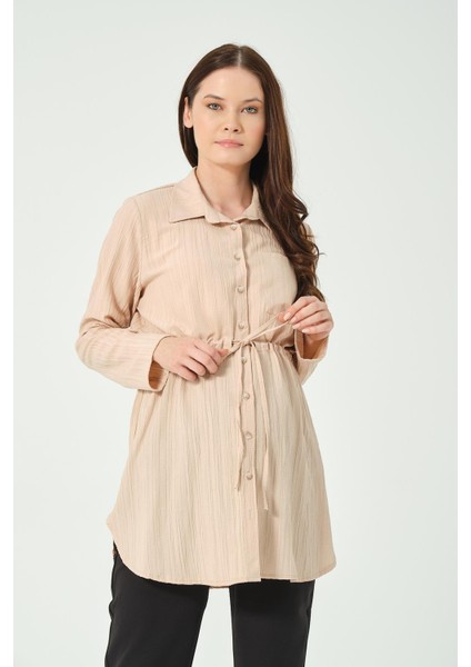 Hamile Beli Bağcıklı Bürümcük Gömlek Bej modelleri