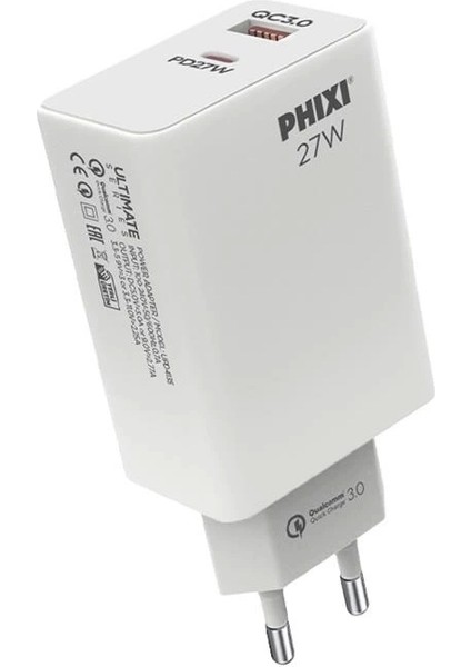 Populermarketim - Ultimate UPD4225 27W Pd Çift Çıkışlı Hızlı Şarj Adaptörü