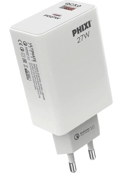Populermarketim - Ultimate UPD4225 27W Pd Çift Çıkışlı Hızlı Şarj Adaptörü