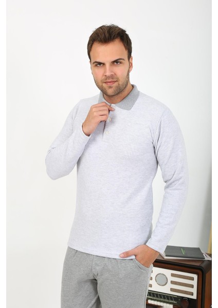Erkek Polo Yaka Uzun Kol Penye Pijama Takımı Gri 6864