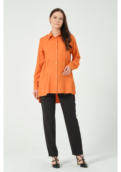Hamile Önü Kısa Arkası Uzun Keten Gömlek Turuncu modelleri