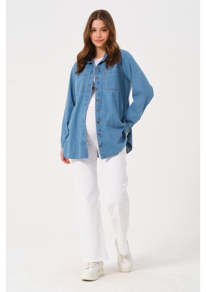 Hamile Önden Cepli Oversize Kot Gömlek Mavi modelleri