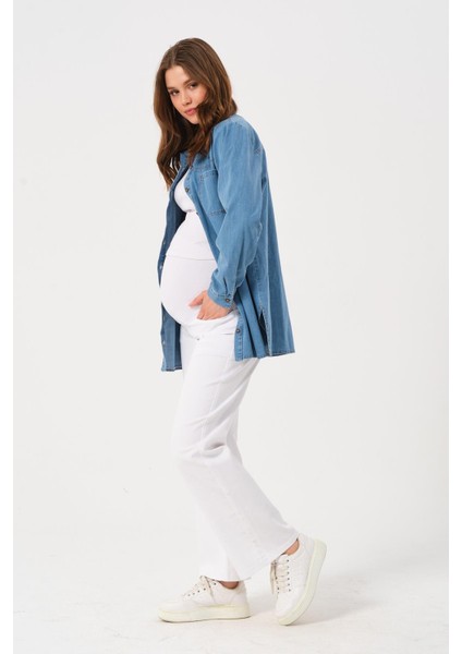 Hamile Önden Cepli Oversize Kot Gömlek Mavi fırsatları