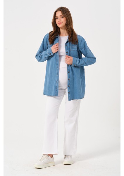 Hamile Önden Cepli Oversize Kot Gömlek Mavi indirimleri