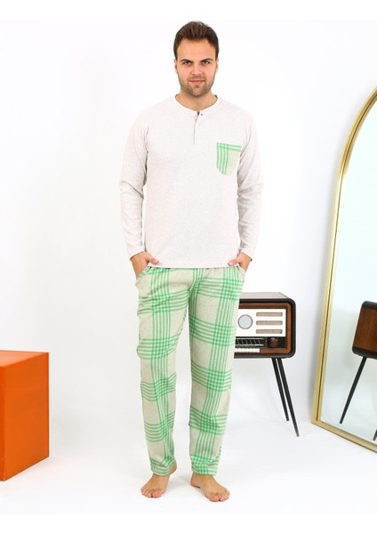Erkek Uzun Kol Penye Krem Pijama Takımı 6861