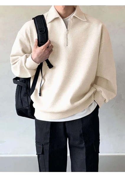 Erkek Polo Yaka Yarım Fermuarlı Sweatshirt Ekru