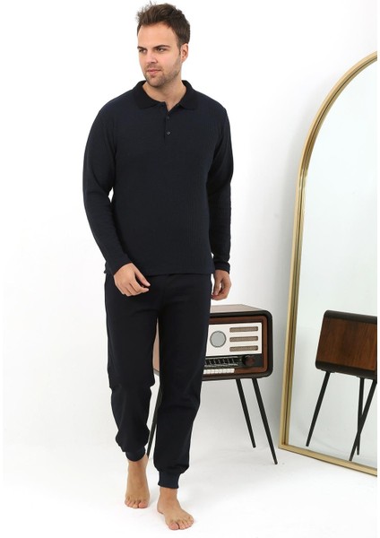Erkek Polo Yaka Uzun Kol Penye Pijama Takımı 6862 Lacivert fiyatları